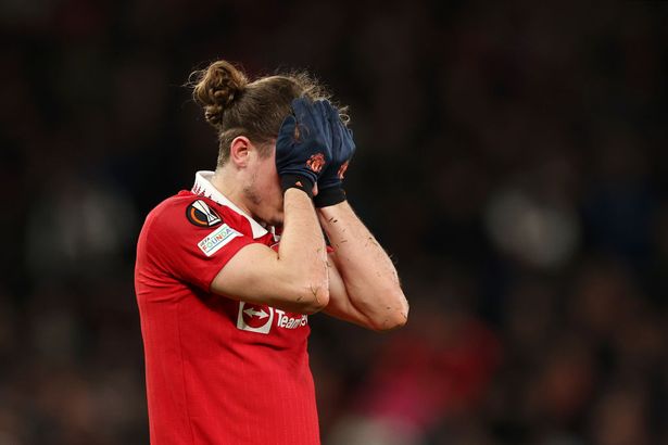 MANCHESTER, ENGLAND - APRIL 13: Marcel Sabitzer of Manchester United looks dejected during the UEFA Europa League quarterfinal first leg match between Manchester United and Sevilla FC at Old Trafford on April 13, 2023 in Manchester, England. (Photo by Catherine Ivill/Getty Images)